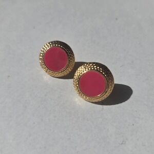 Vintage Stud Earrings Women Pink Gold Tone Textured Enamel Button